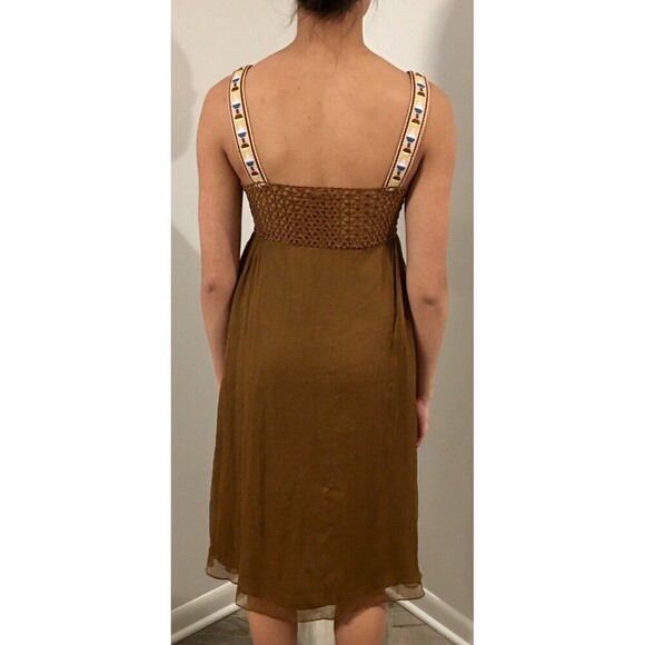 CATHERINE MALANDRINO Brown Silk Embroidered Trim Macrame Pleats Sundress Small 4 - Picture 3 of 6
